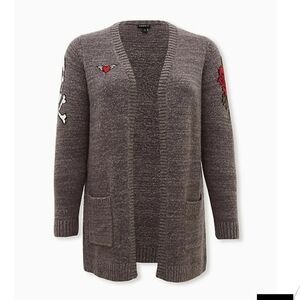 🆕 2X GREY SKULL & ROSE OPEN FRONT CARDIGAN